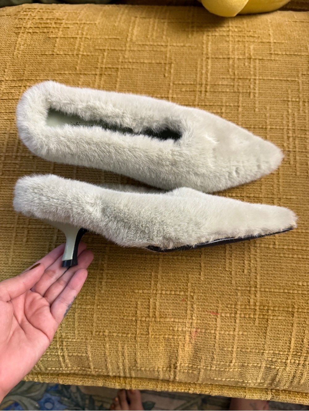 Jeffrey Campbell Faux Fur Pointed Toe Kitten Heel Mules in sage